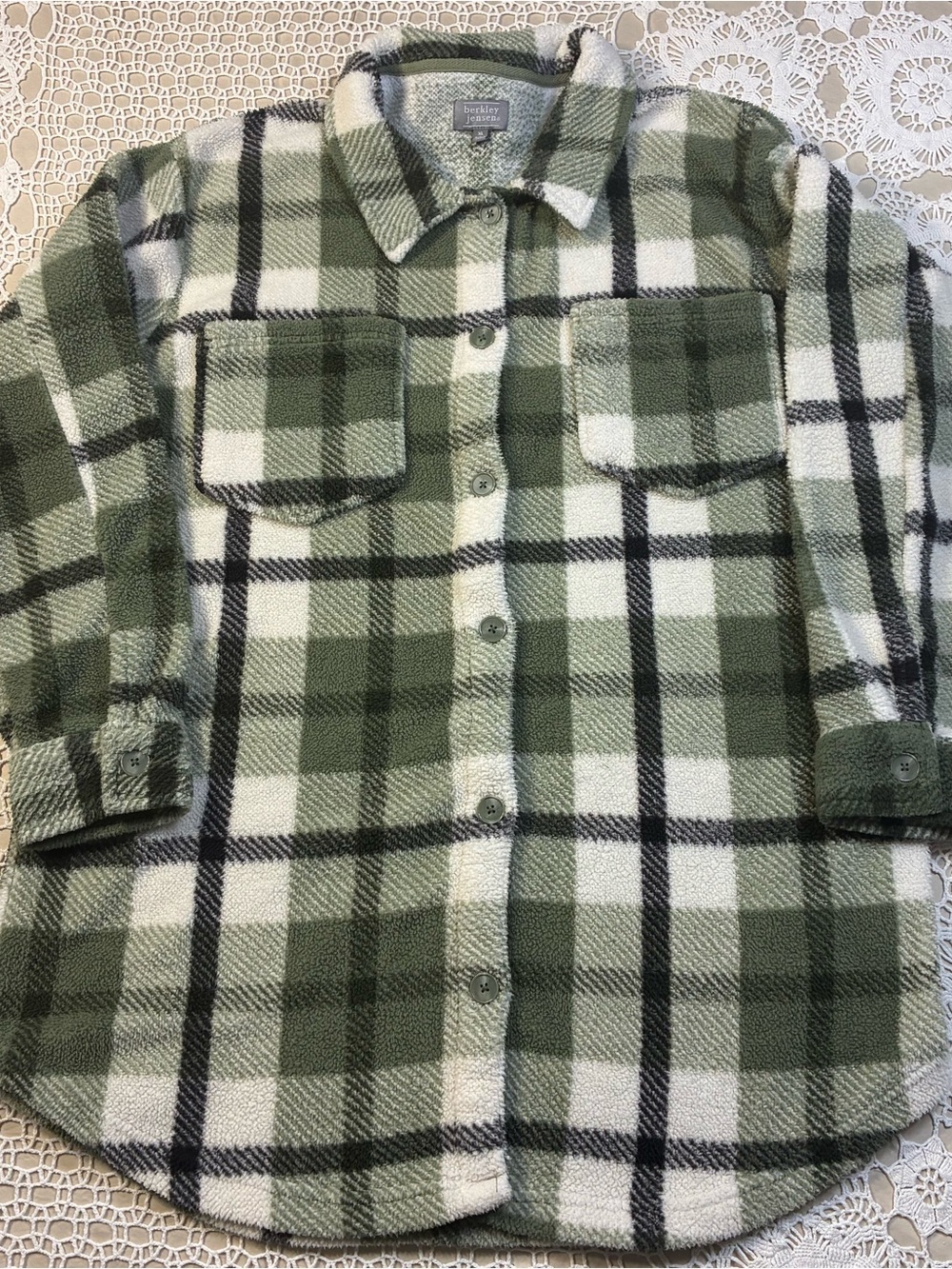 Green Plaid Sherpa-Lined Button-Up Shirt Jacket
